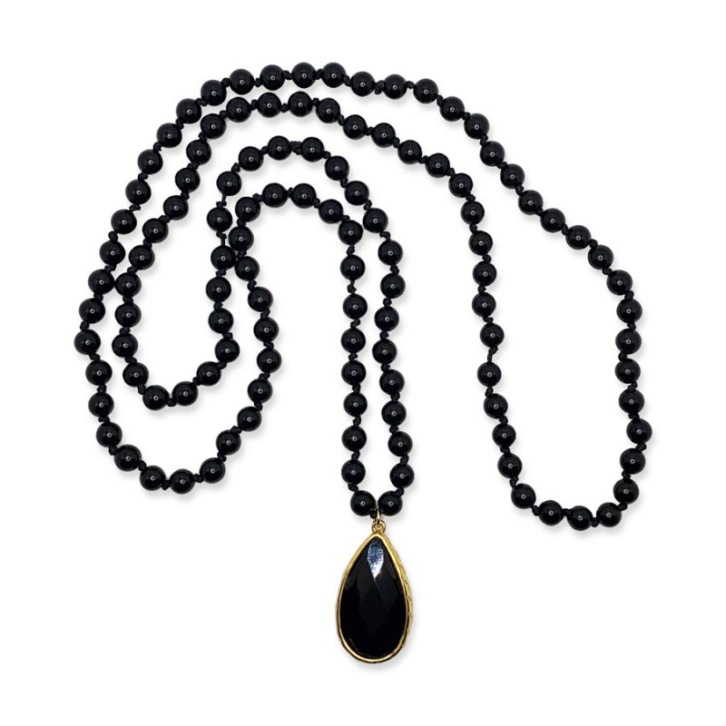Sautoir perles pierre poire agate noire